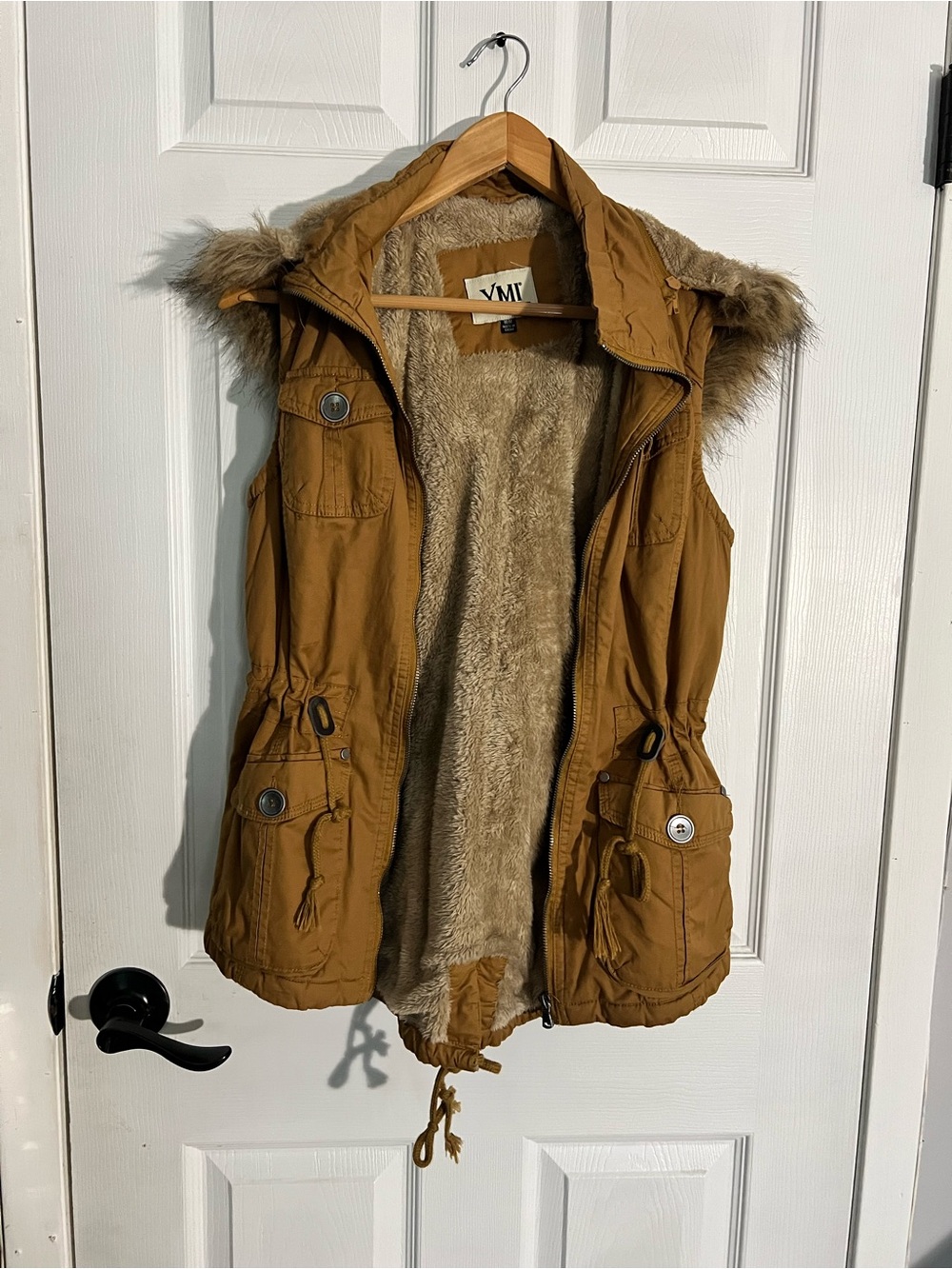 YMI Tan Faux-Fur Lined Utility Vest with Hood